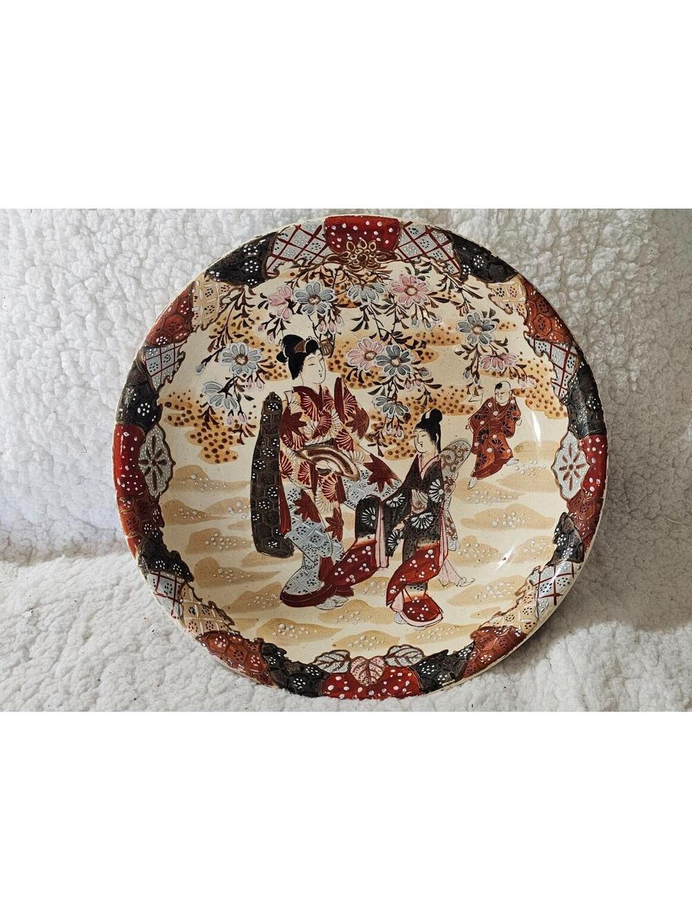 Vintage Meiji Japanese Kutani Bowl Decor Art Asian Multicolor Ceramic 12" Wide
